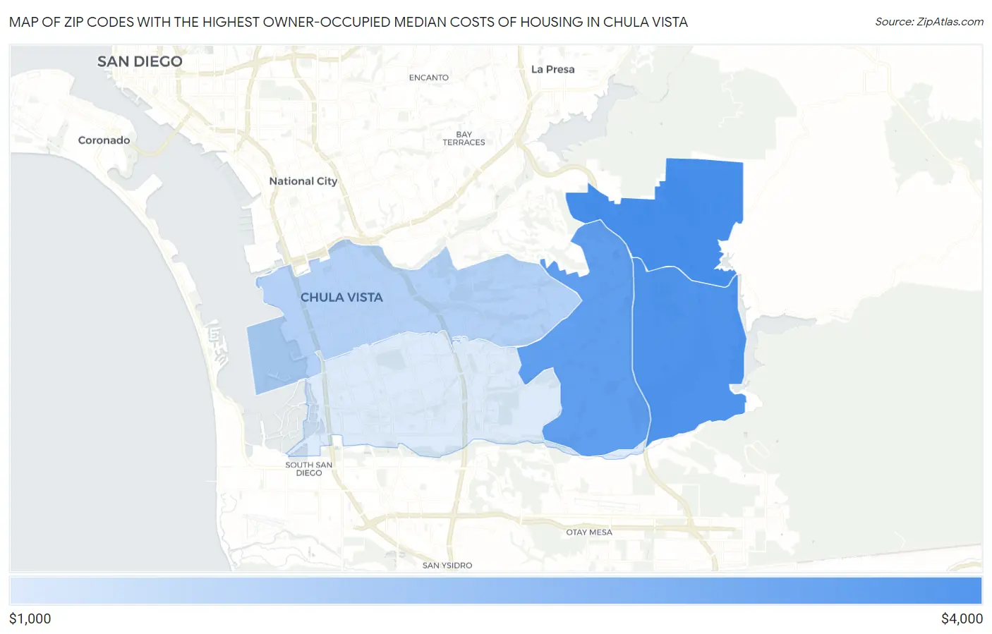 Zip Codes with the Highest Owner-Occupied Median Costs of Housing in Chula Vista Map