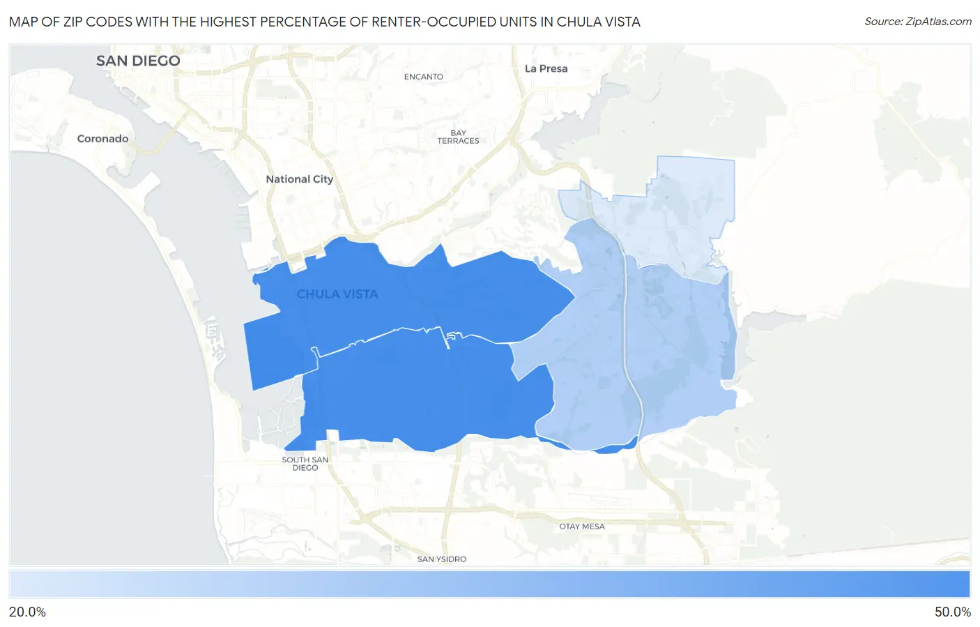 Zip Codes with the Highest Percentage of Renter-Occupied Units in Chula Vista Map