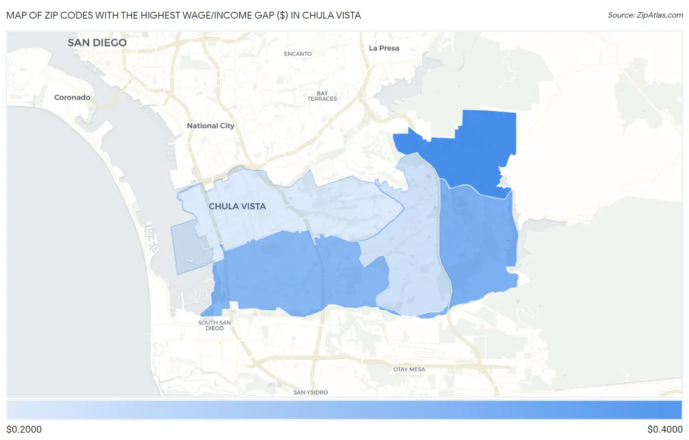 Zip Codes with the Highest Wage/Income Gap ($) in Chula Vista Map