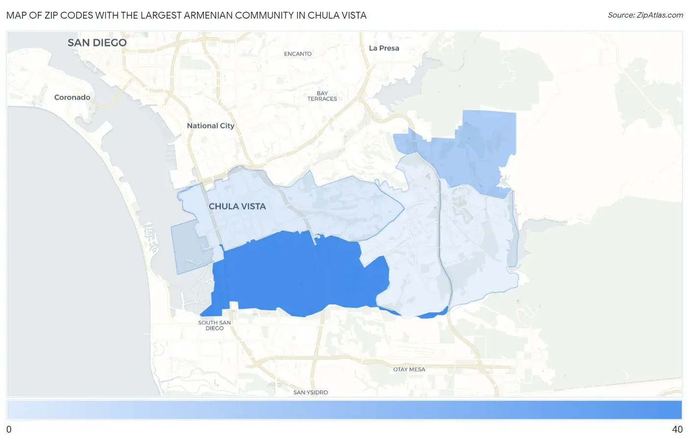 Zip Codes with the Largest Armenian Community in Chula Vista Map