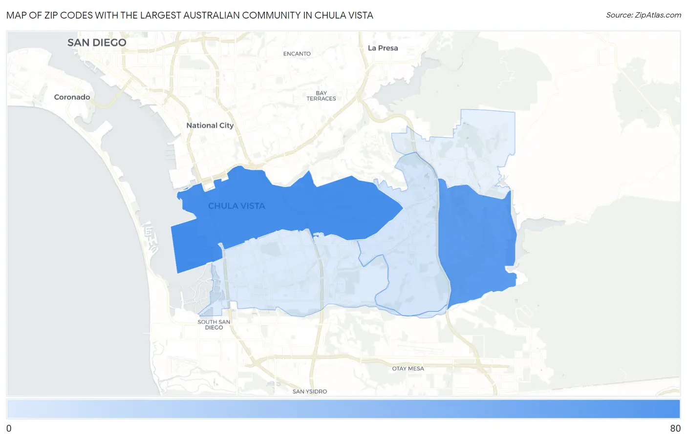 Zip Codes with the Largest Australian Community in Chula Vista Map