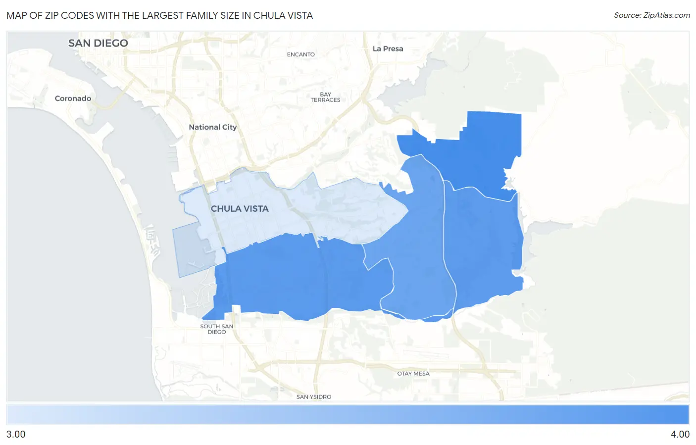 Zip Codes with the Largest Family Size in Chula Vista Map