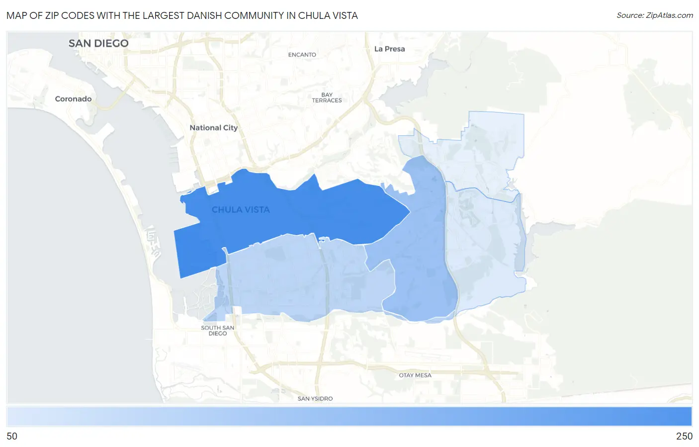 Zip Codes with the Largest Danish Community in Chula Vista Map