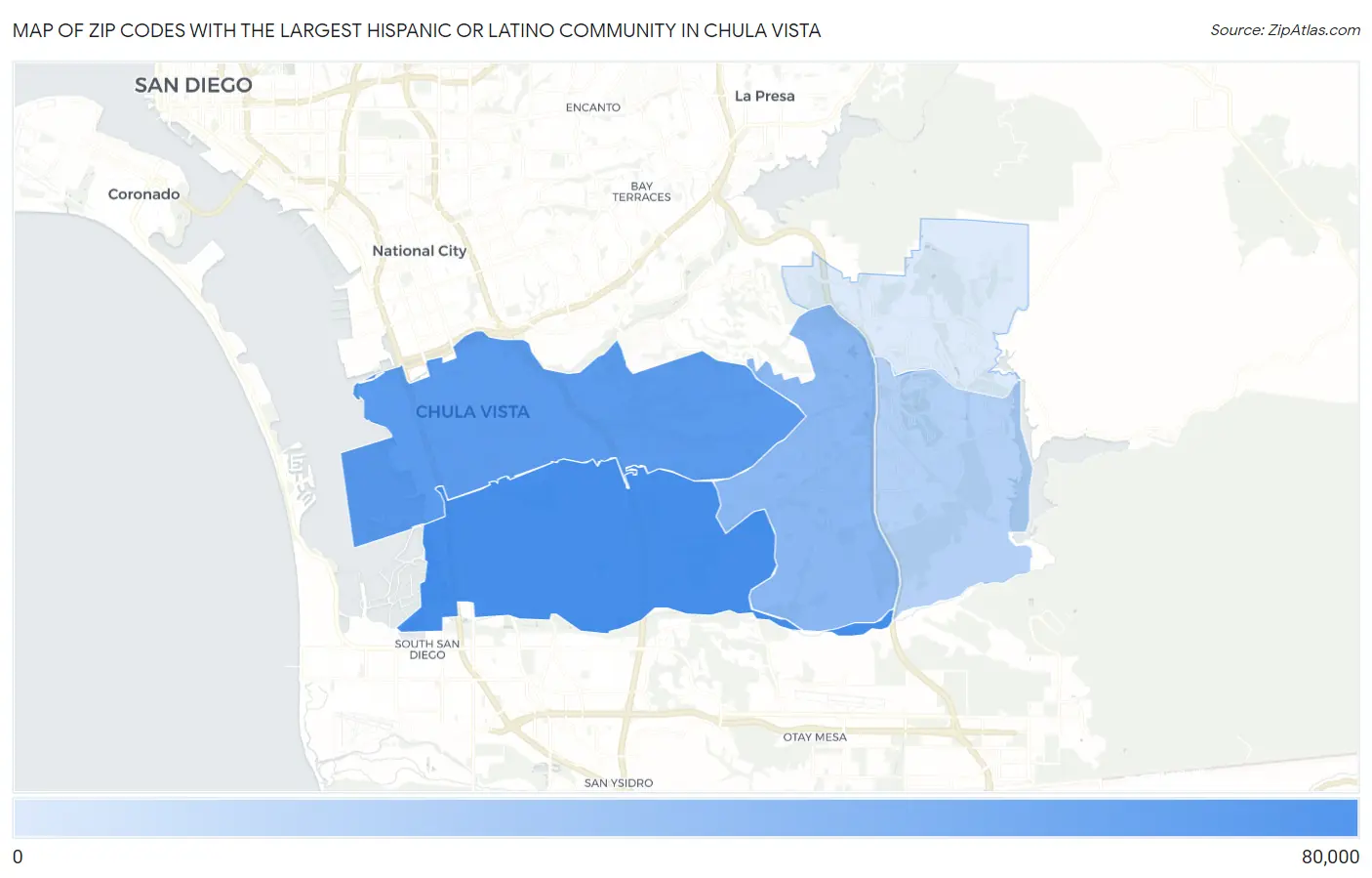 Zip Codes with the Largest Hispanic or Latino Community in Chula Vista Map