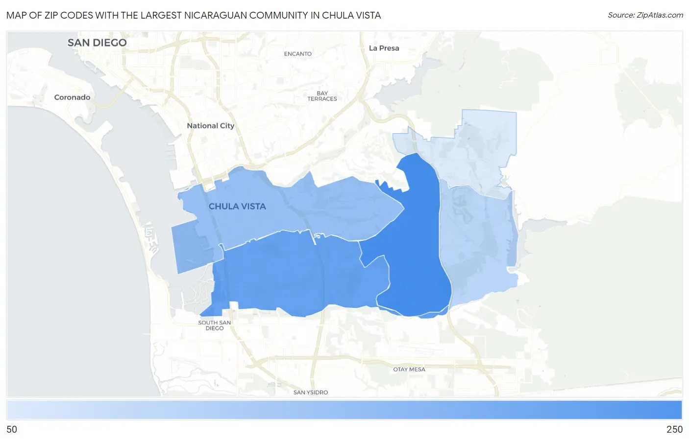 Zip Codes with the Largest Nicaraguan Community in Chula Vista Map