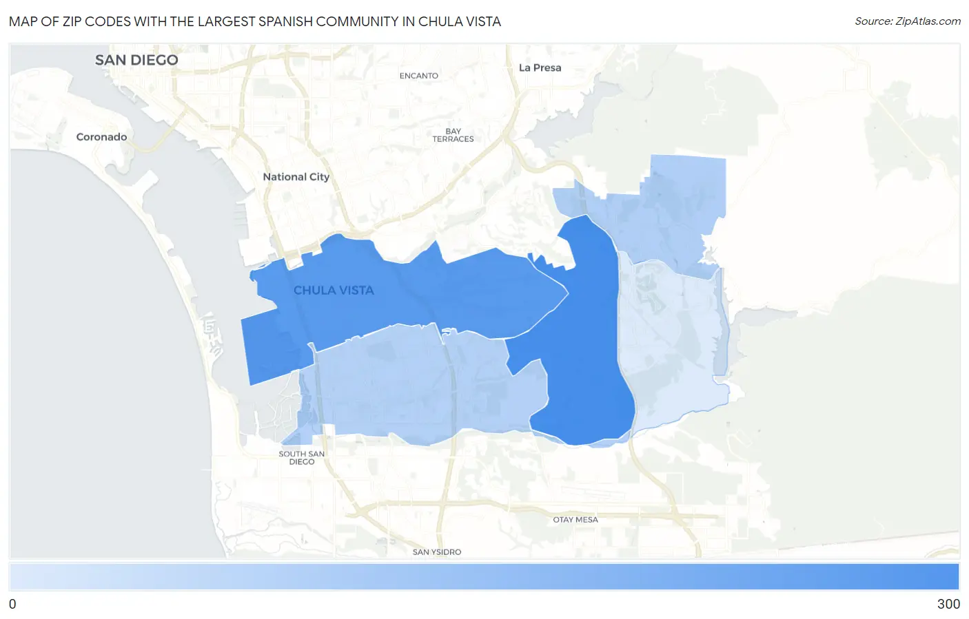 Zip Codes with the Largest Spanish Community in Chula Vista Map