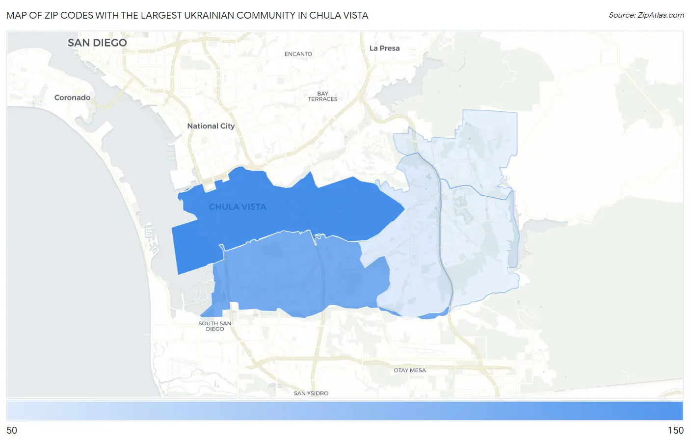 Zip Codes with the Largest Ukrainian Community in Chula Vista Map