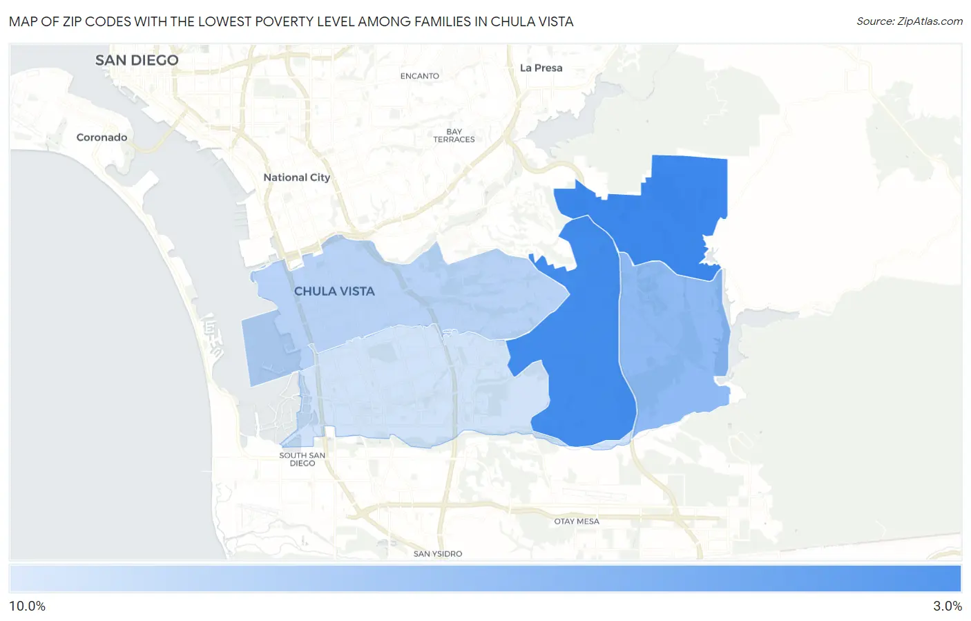 Zip Codes with the Lowest Poverty Level Among Families in Chula Vista Map
