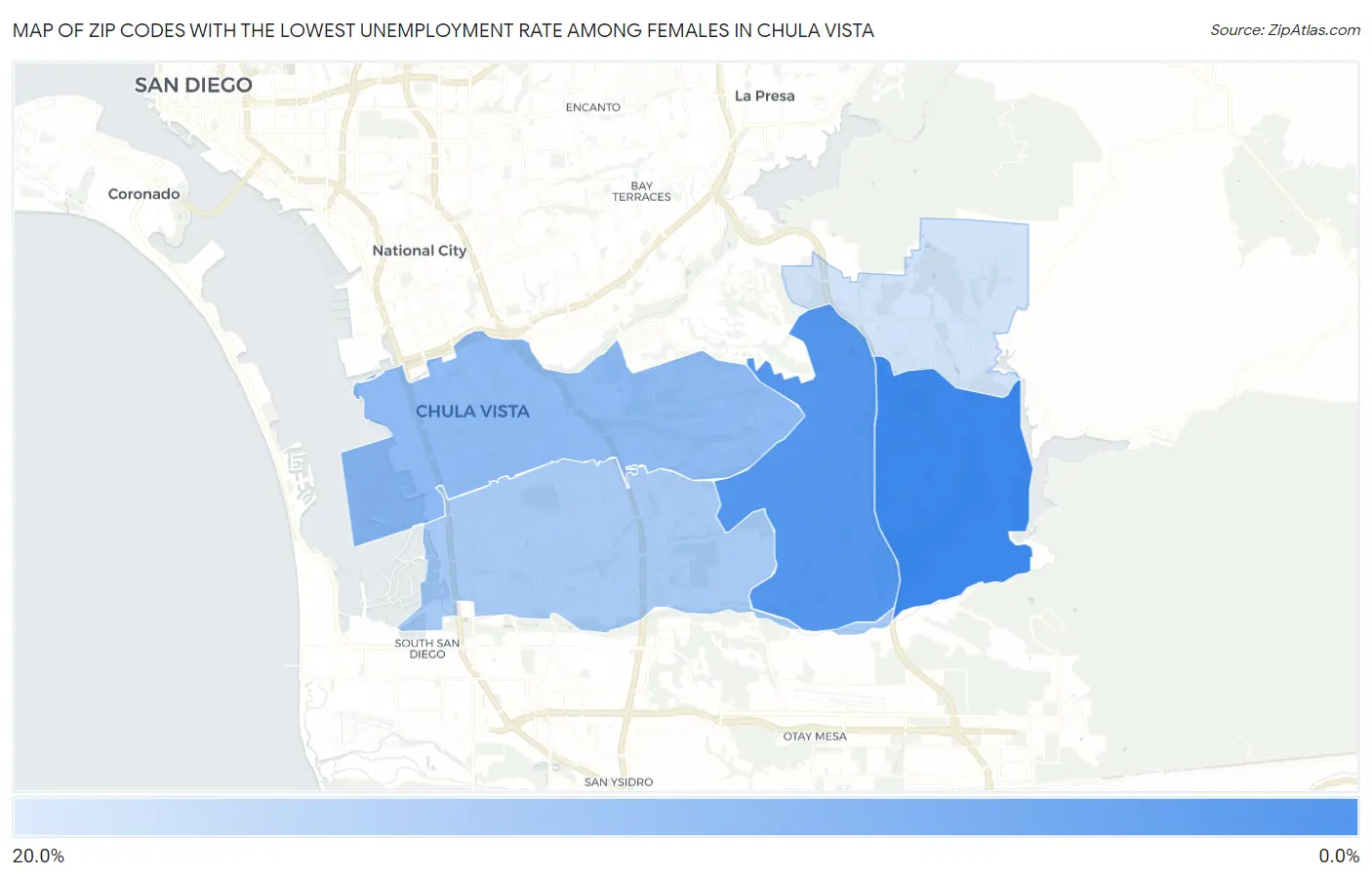 Zip Codes with the Lowest Unemployment Rate Among Females in Chula Vista Map