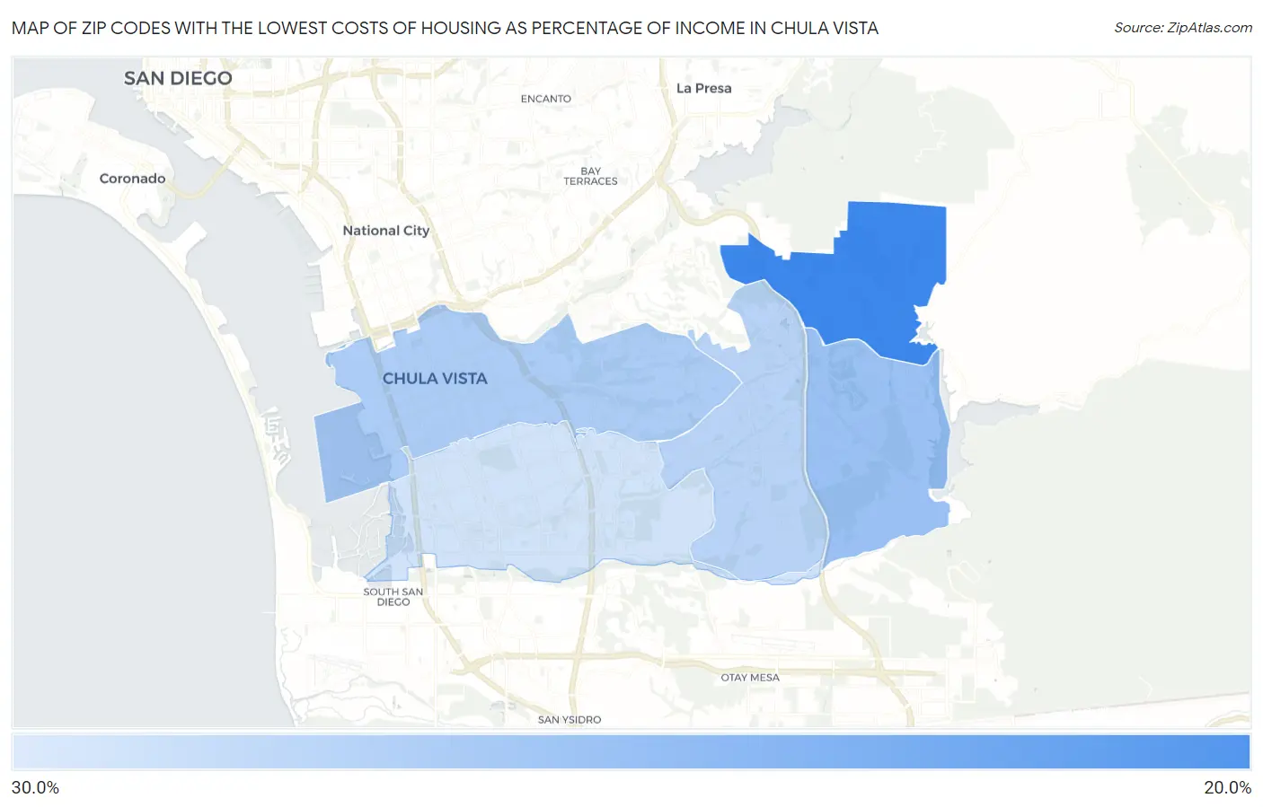 Zip Codes with the Lowest Costs of Housing as Percentage of Income in Chula Vista Map