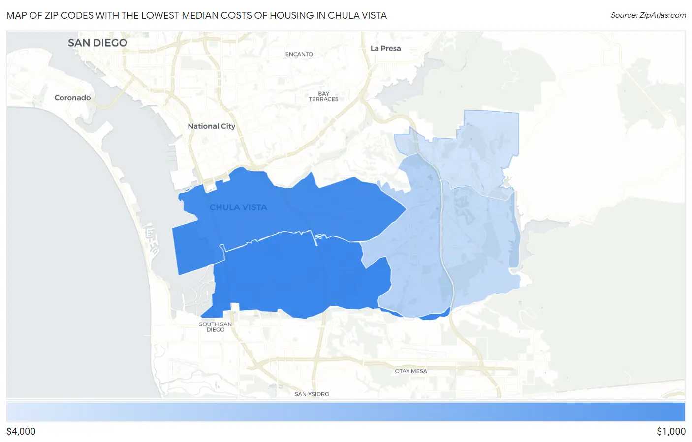 Zip Codes with the Lowest Median Costs of Housing in Chula Vista Map