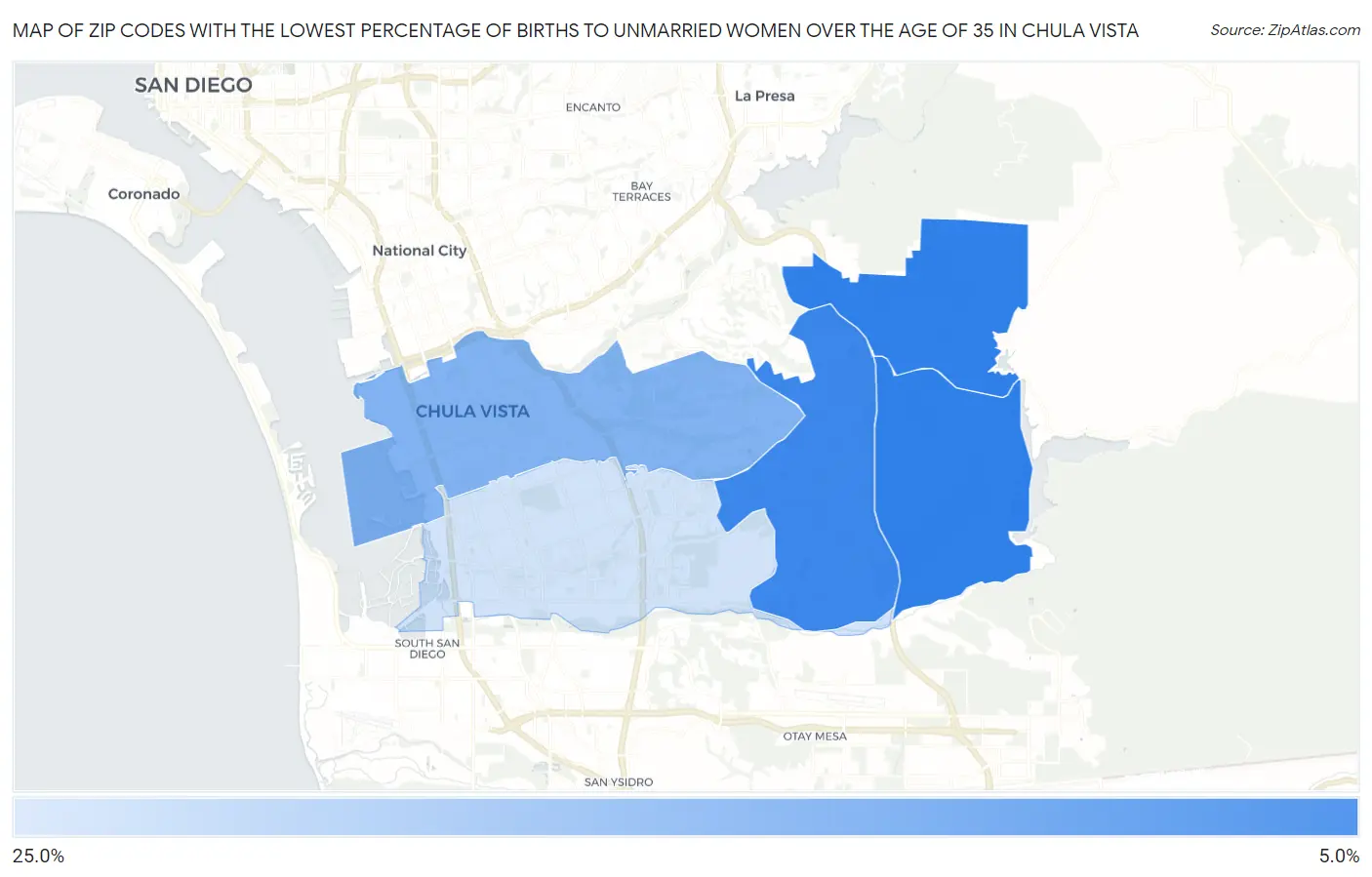 Zip Codes with the Lowest Percentage of Births to Unmarried Women over the Age of 35 in Chula Vista Map