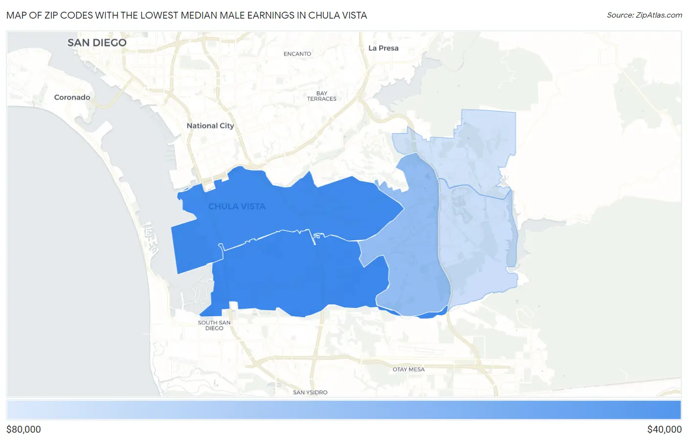 Zip Codes with the Lowest Median Male Earnings in Chula Vista Map