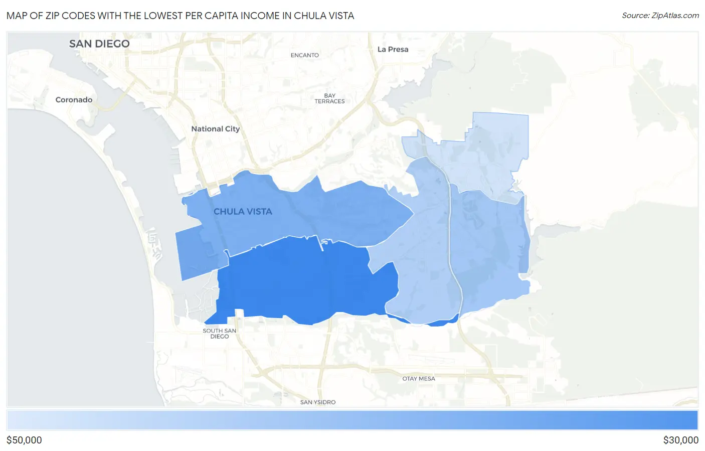 Zip Codes with the Lowest Per Capita Income in Chula Vista Map
