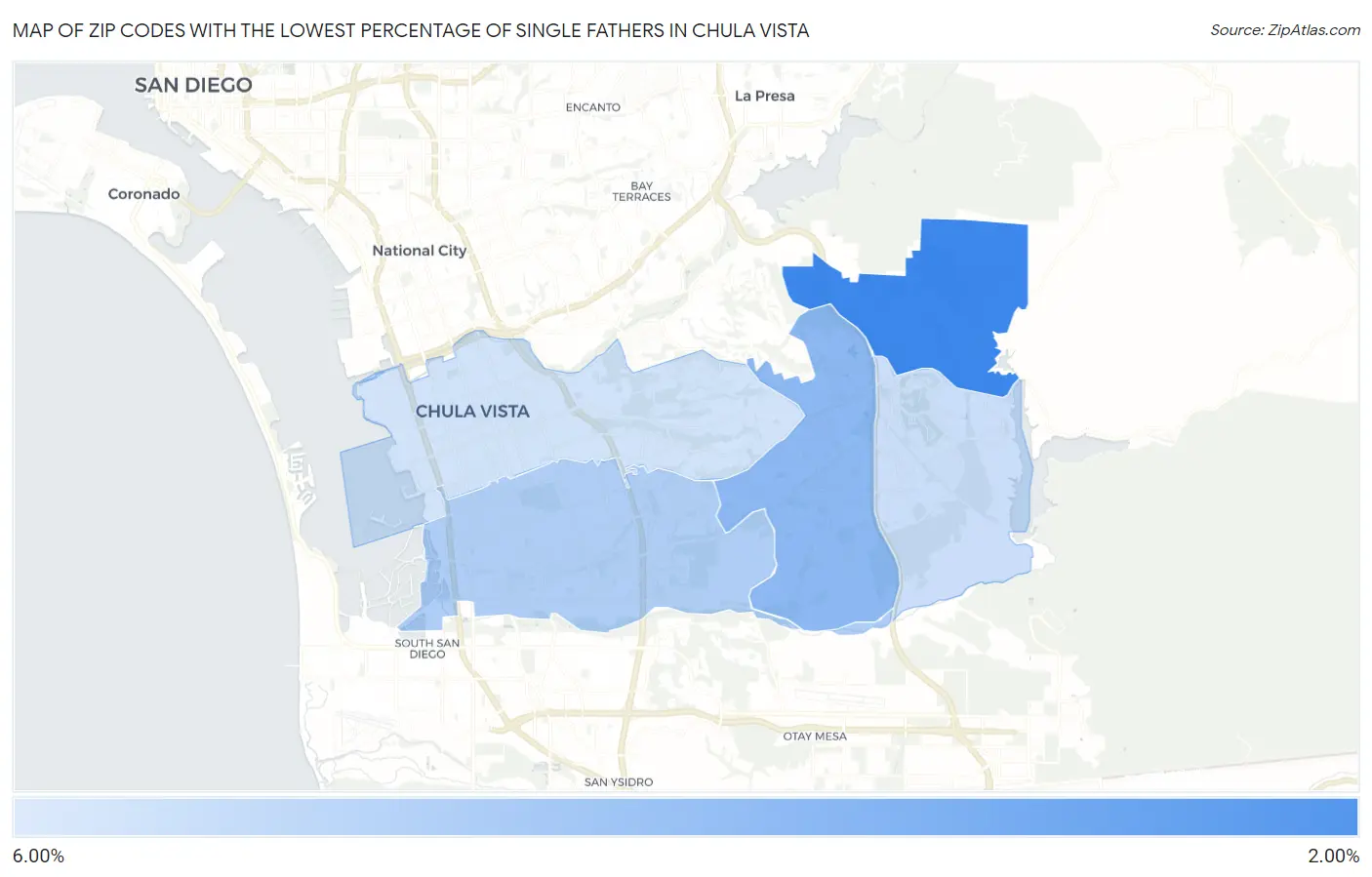 Zip Codes with the Lowest Percentage of Single Fathers in Chula Vista Map