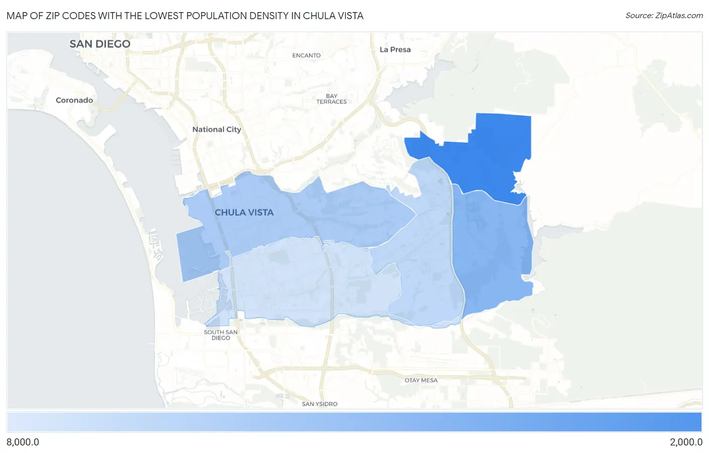 Zip Codes with the Lowest Population Density in Chula Vista Map