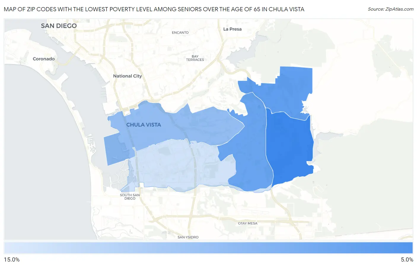 Zip Codes with the Lowest Poverty Level Among Seniors Over the Age of 65 in Chula Vista Map