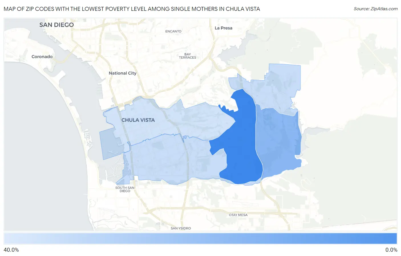 Zip Codes with the Lowest Poverty Level Among Single Mothers in Chula Vista Map