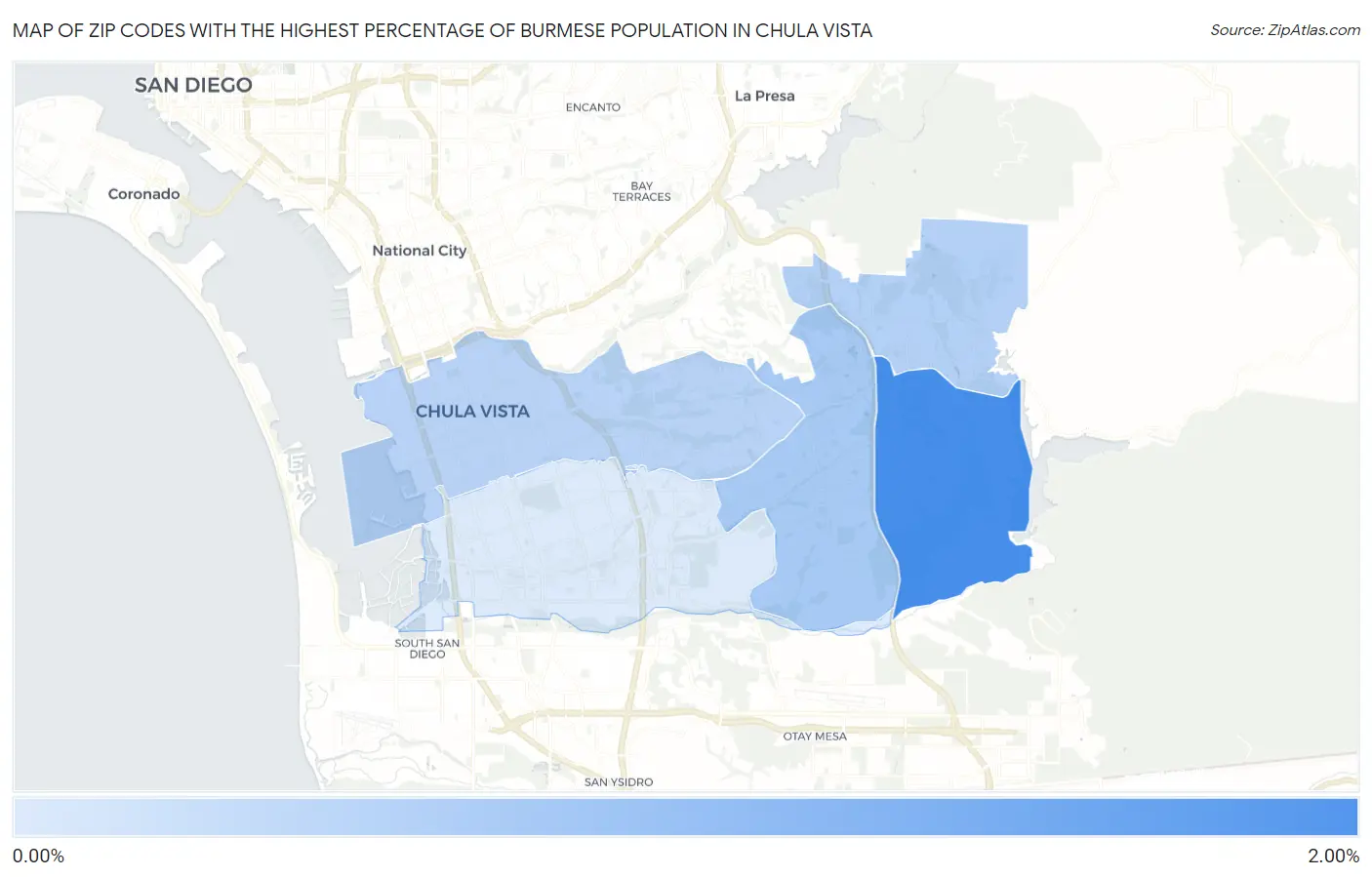Zip Codes with the Highest Percentage of Burmese Population in Chula Vista Map