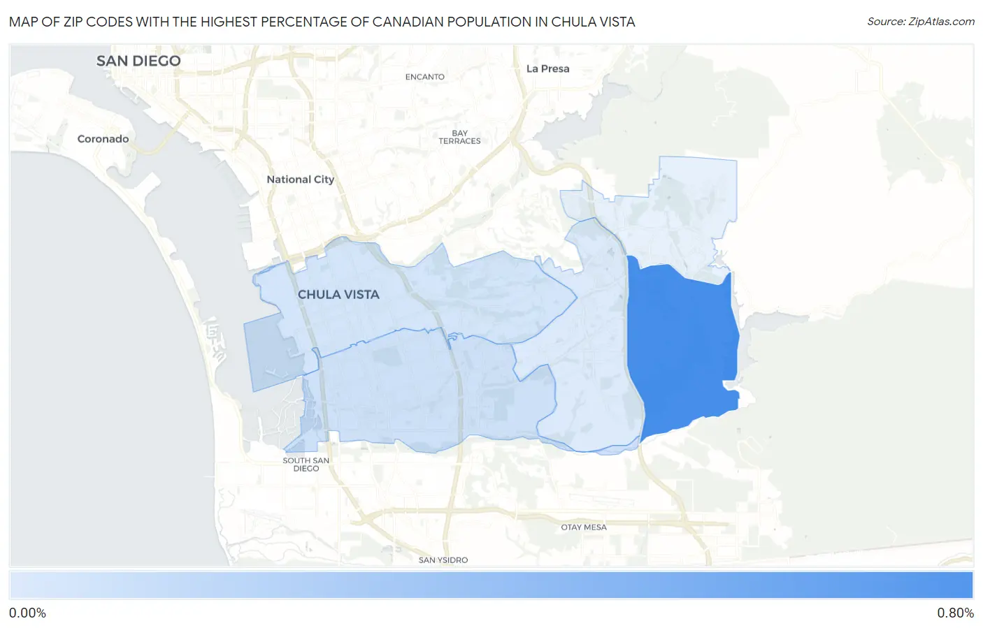 Zip Codes with the Highest Percentage of Canadian Population in Chula Vista Map