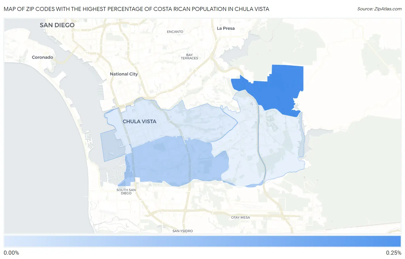 Zip Codes with the Highest Percentage of Costa Rican Population in Chula Vista Map