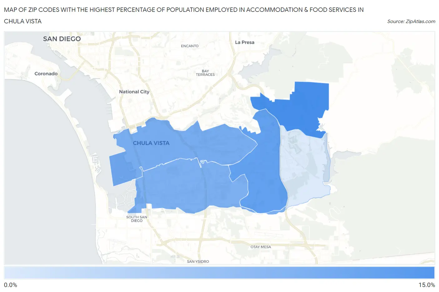 Zip Codes with the Highest Percentage of Population Employed in Accommodation & Food Services in Chula Vista Map