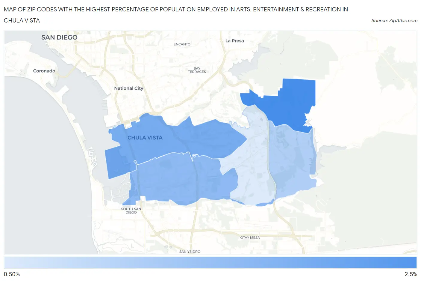 Zip Codes with the Highest Percentage of Population Employed in Arts, Entertainment & Recreation in Chula Vista Map