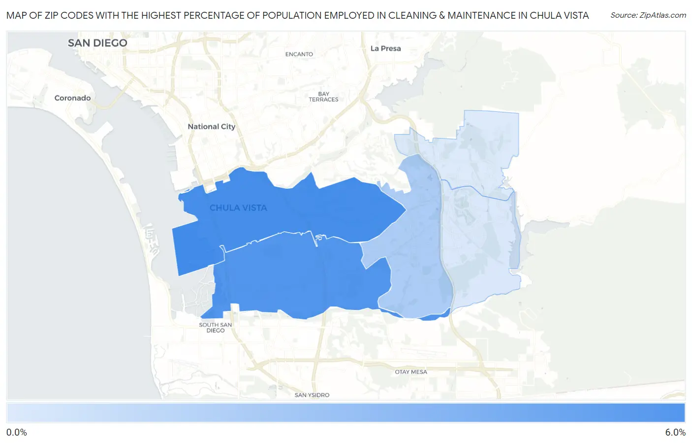 Zip Codes with the Highest Percentage of Population Employed in Cleaning & Maintenance in Chula Vista Map