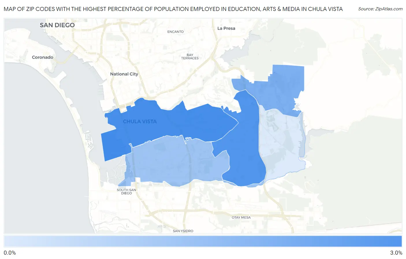 Zip Codes with the Highest Percentage of Population Employed in Education, Arts & Media in Chula Vista Map