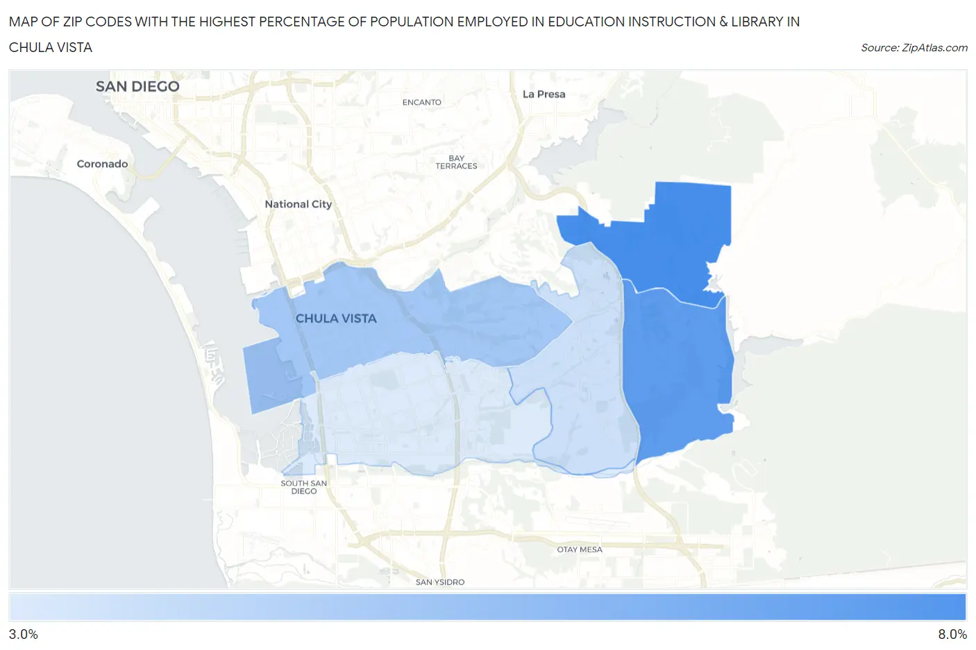Zip Codes with the Highest Percentage of Population Employed in Education Instruction & Library in Chula Vista Map