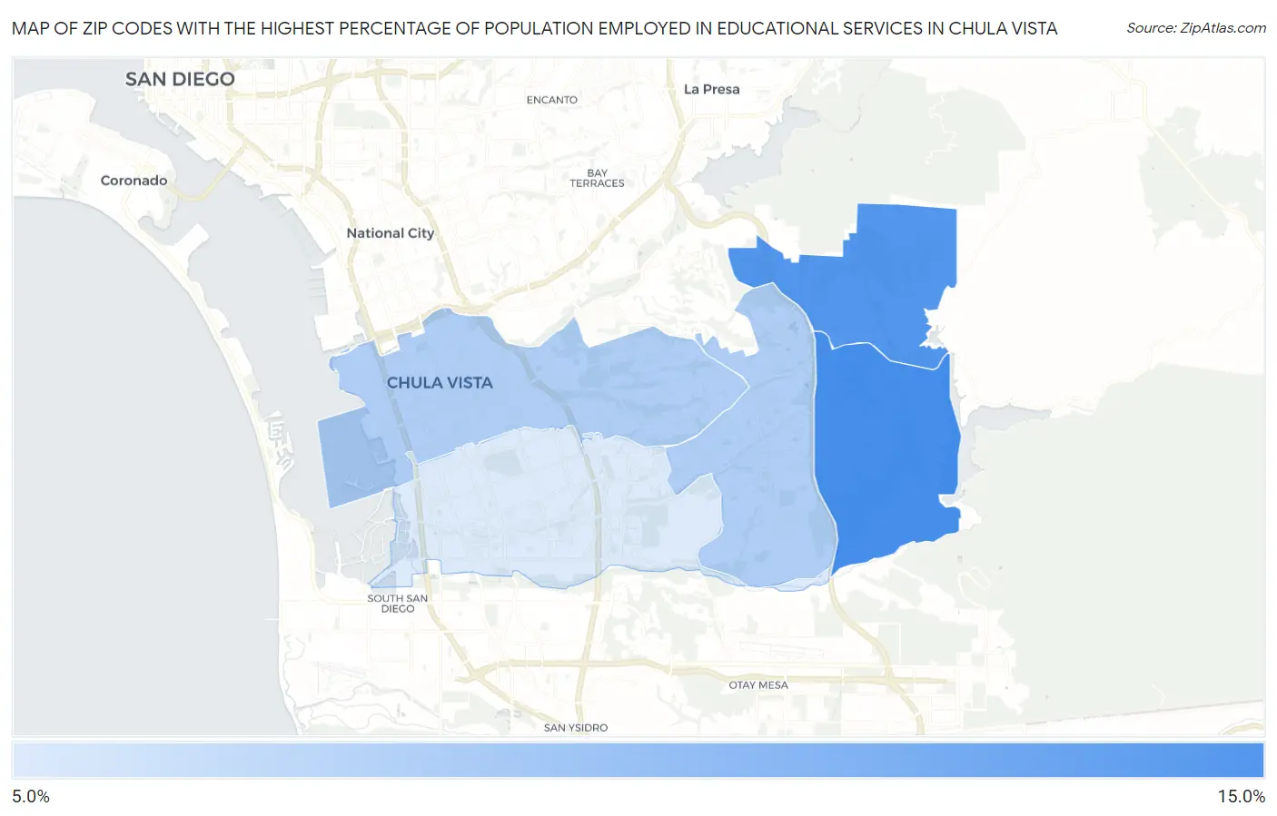Zip Codes with the Highest Percentage of Population Employed in Educational Services in Chula Vista Map