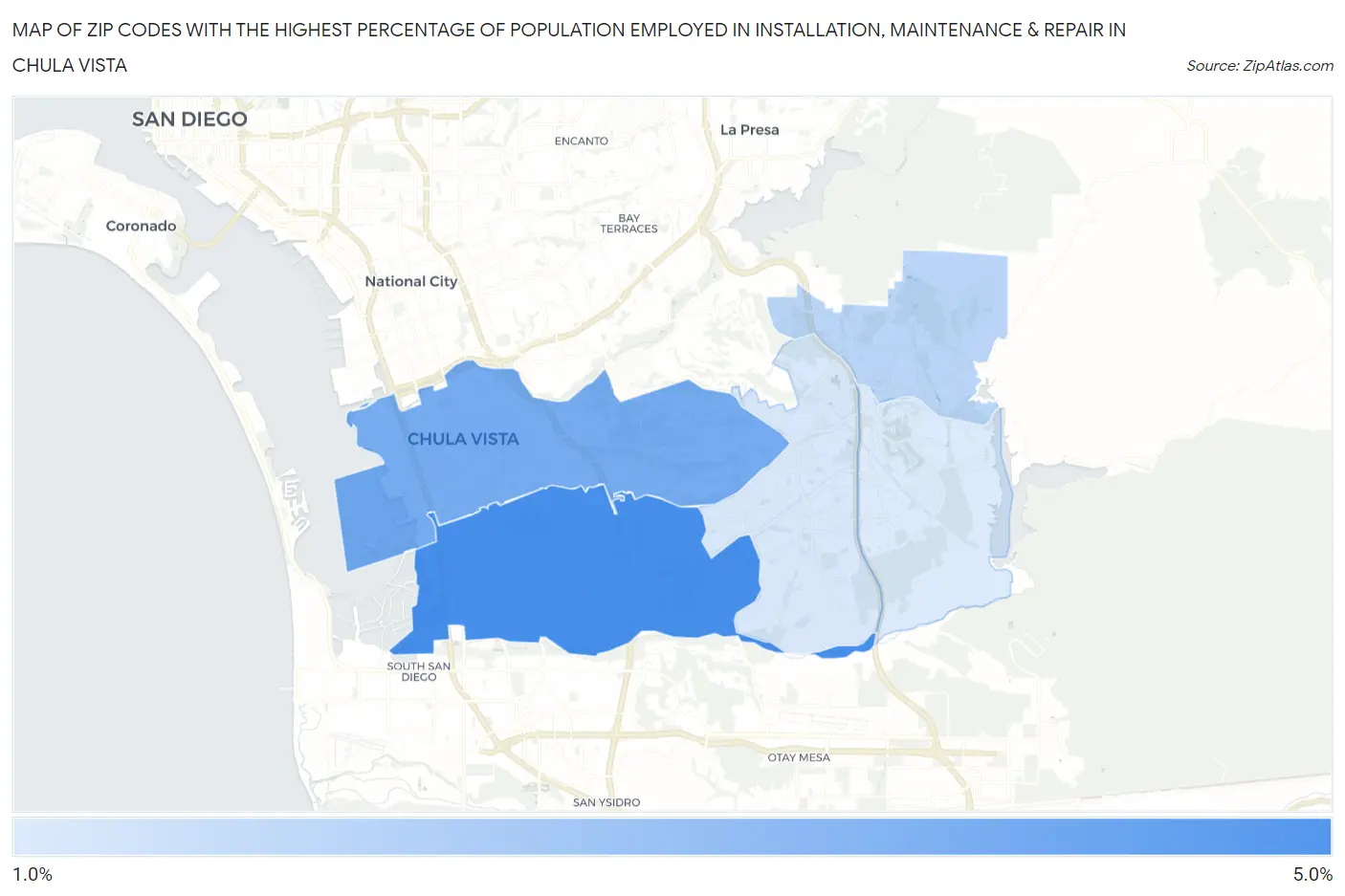 Zip Codes with the Highest Percentage of Population Employed in Installation, Maintenance & Repair in Chula Vista Map