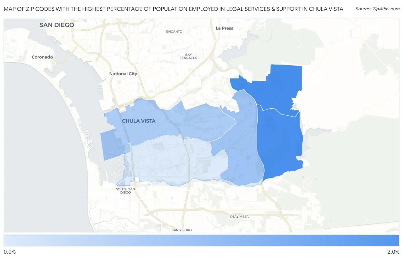 Zip Codes with the Highest Percentage of Population Employed in Legal Services & Support in Chula Vista Map