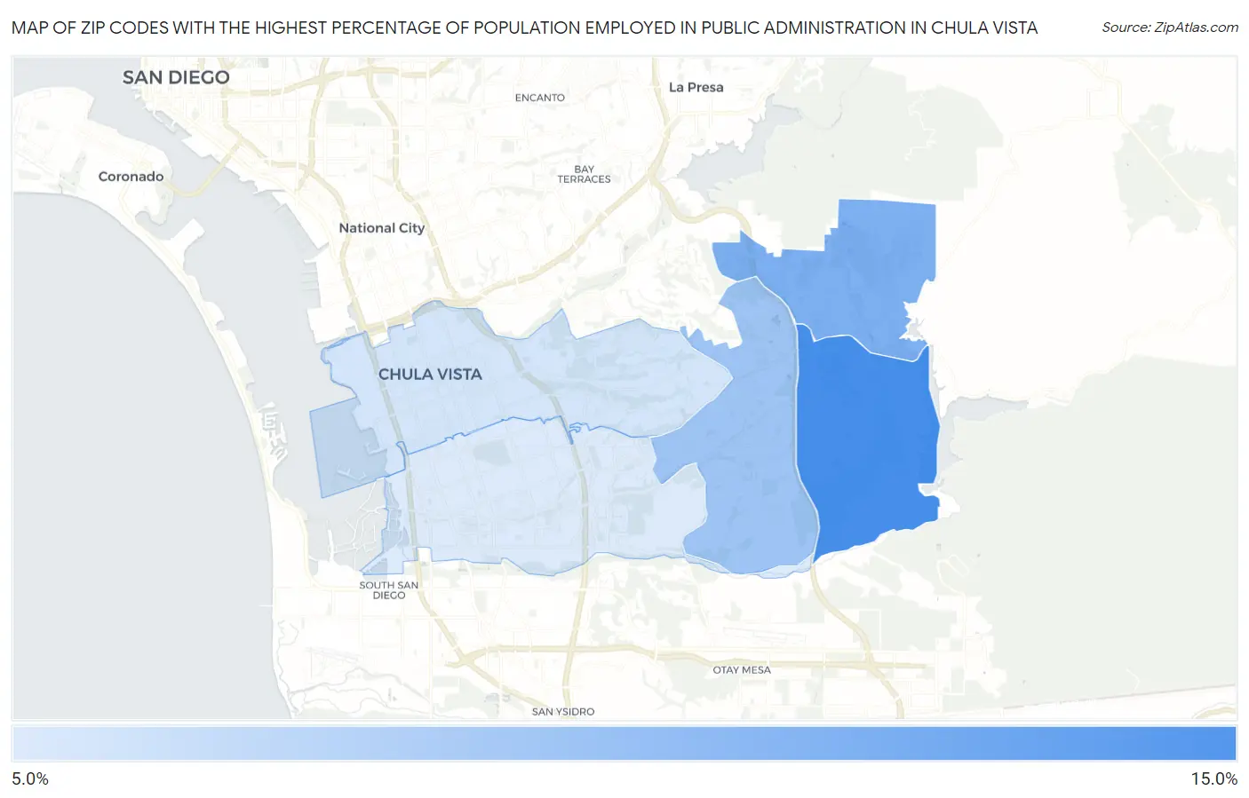 Zip Codes with the Highest Percentage of Population Employed in Public Administration in Chula Vista Map