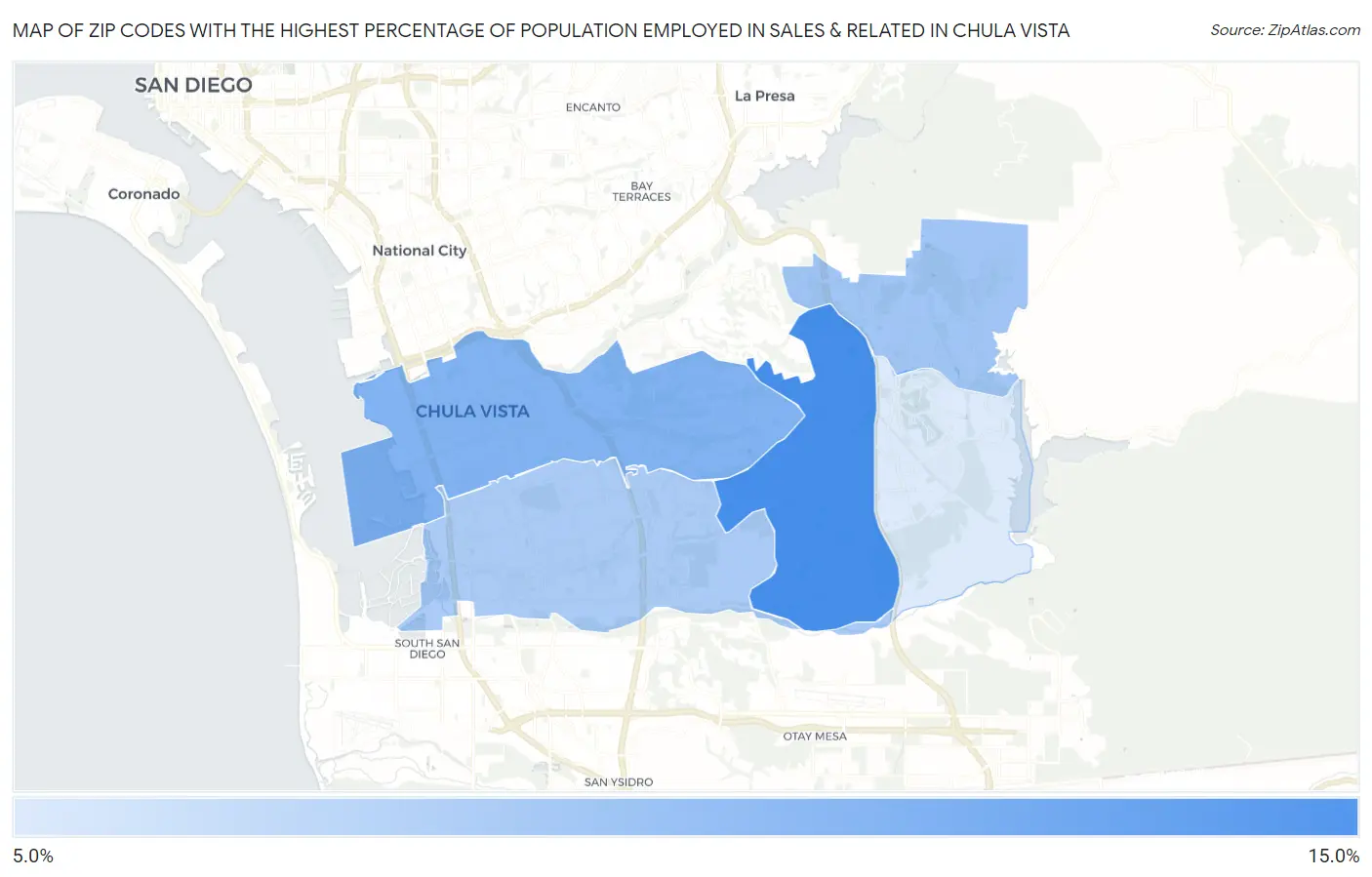 Zip Codes with the Highest Percentage of Population Employed in Sales & Related in Chula Vista Map