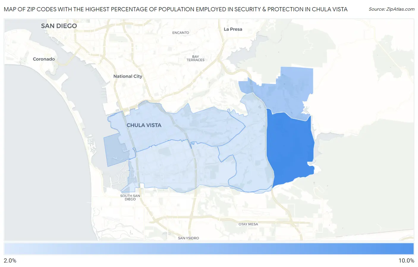Zip Codes with the Highest Percentage of Population Employed in Security & Protection in Chula Vista Map