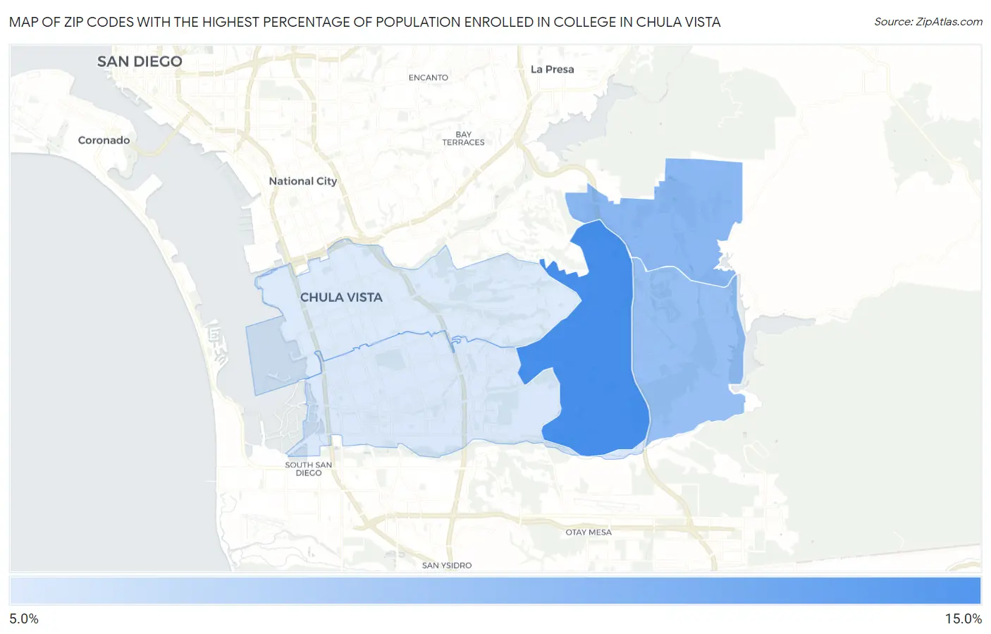 Zip Codes with the Highest Percentage of Population Enrolled in College in Chula Vista Map