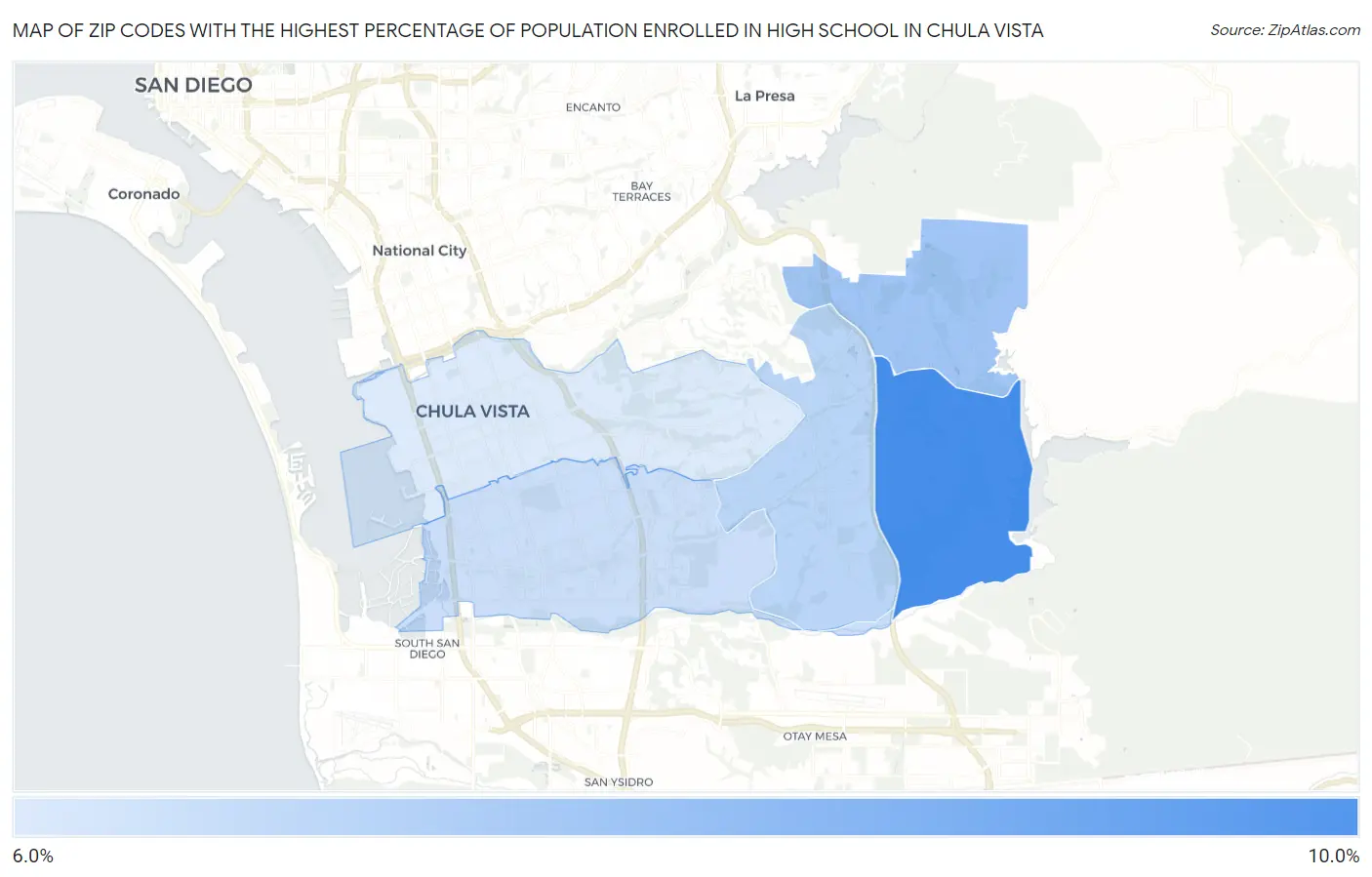 Zip Codes with the Highest Percentage of Population Enrolled in High School in Chula Vista Map
