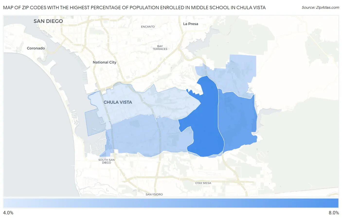 Zip Codes with the Highest Percentage of Population Enrolled in Middle School in Chula Vista Map