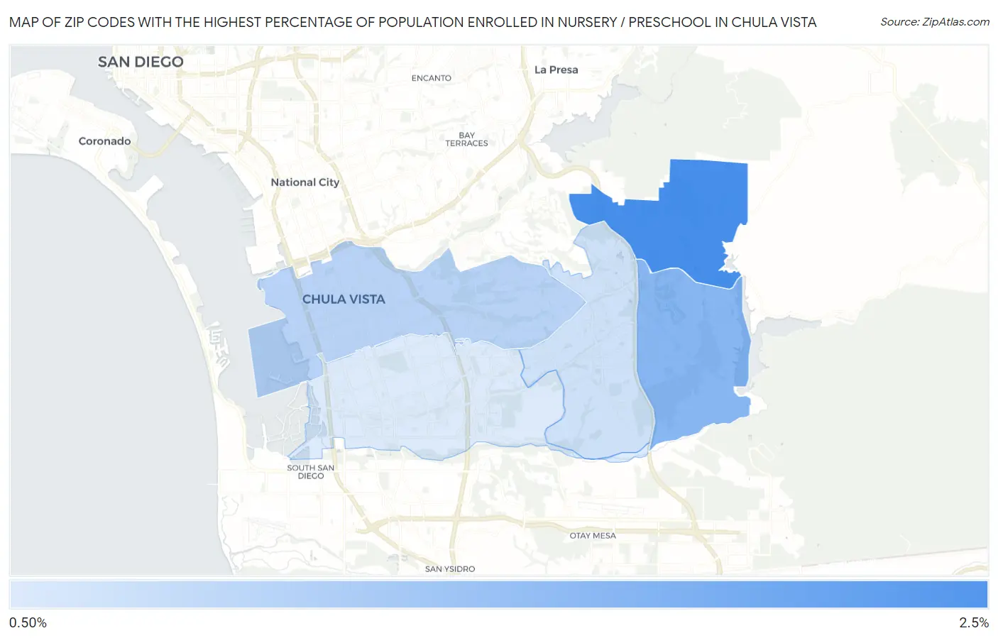 Zip Codes with the Highest Percentage of Population Enrolled in Nursery / Preschool in Chula Vista Map