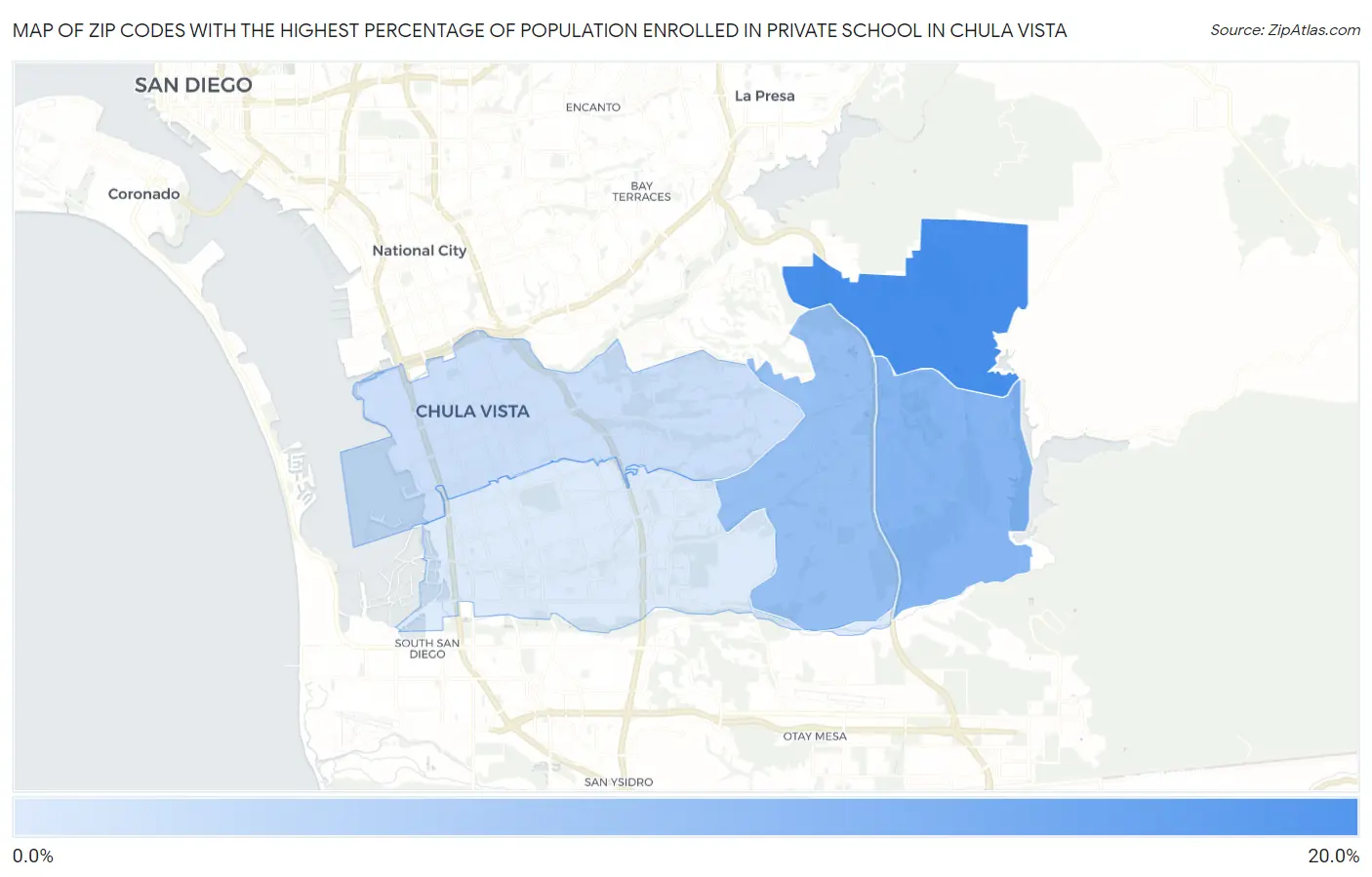 Zip Codes with the Highest Percentage of Population Enrolled in Private School in Chula Vista Map