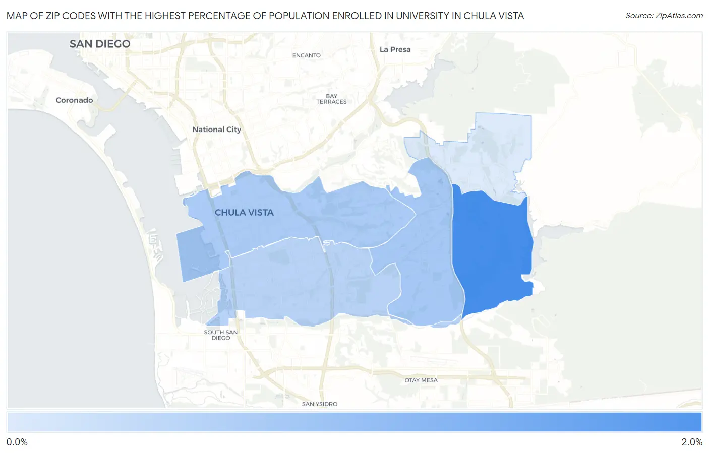 Zip Codes with the Highest Percentage of Population Enrolled in University in Chula Vista Map