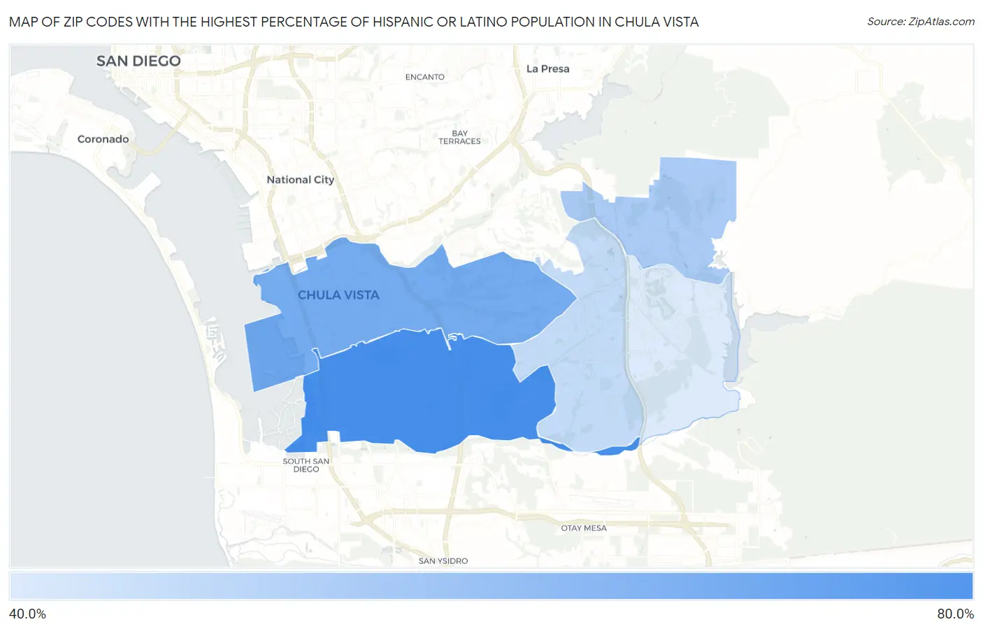 Zip Codes with the Highest Percentage of Hispanic or Latino Population in Chula Vista Map