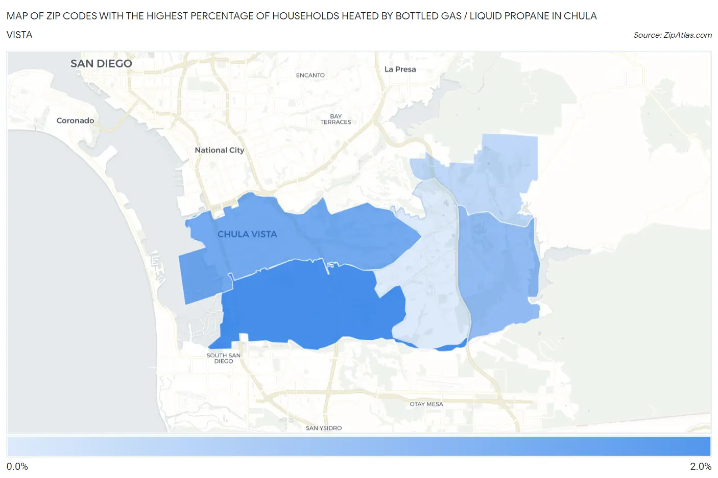 Zip Codes with the Highest Percentage of Households Heated by Bottled Gas / Liquid Propane in Chula Vista Map