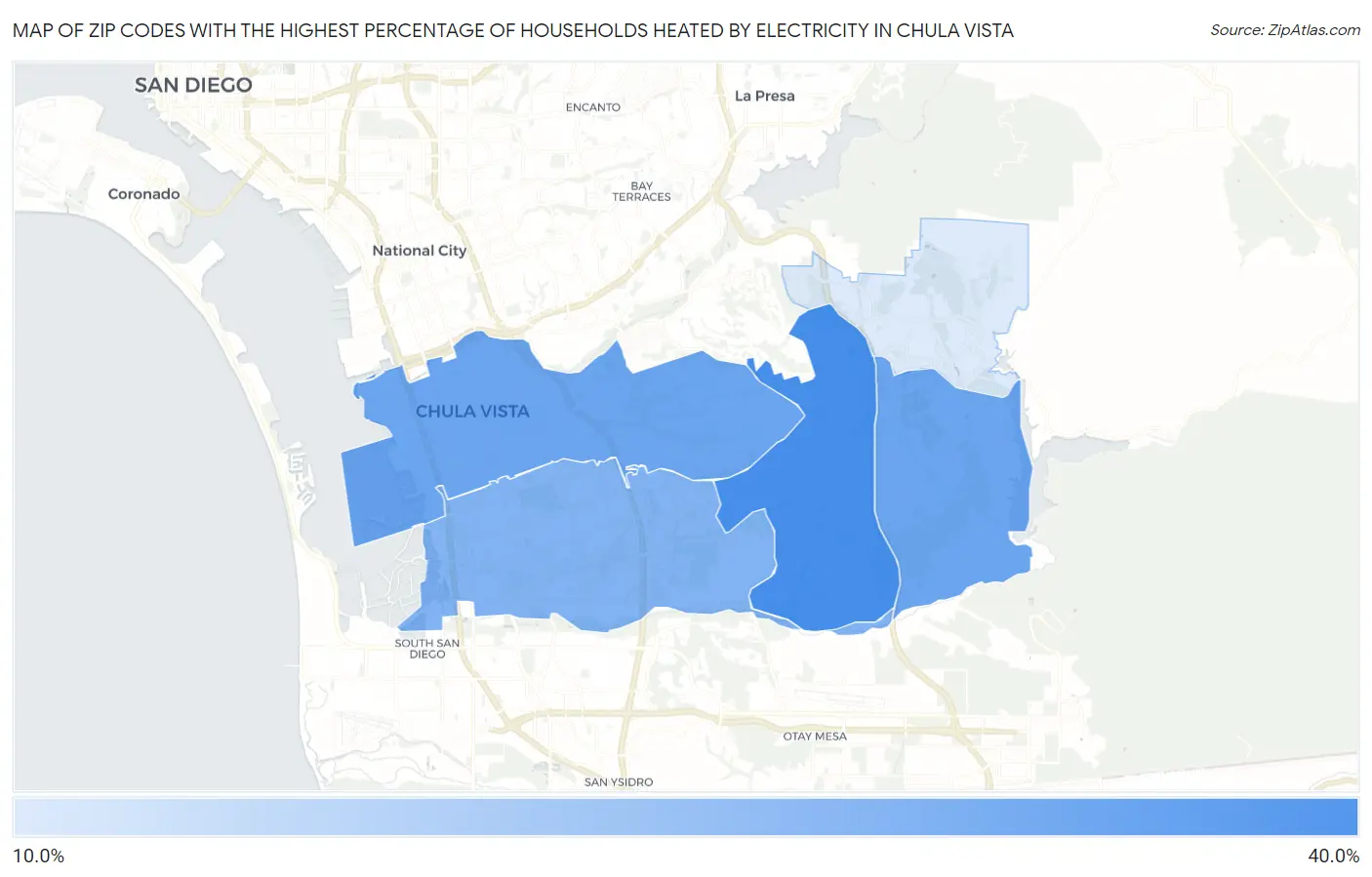 Zip Codes with the Highest Percentage of Households Heated by Electricity in Chula Vista Map