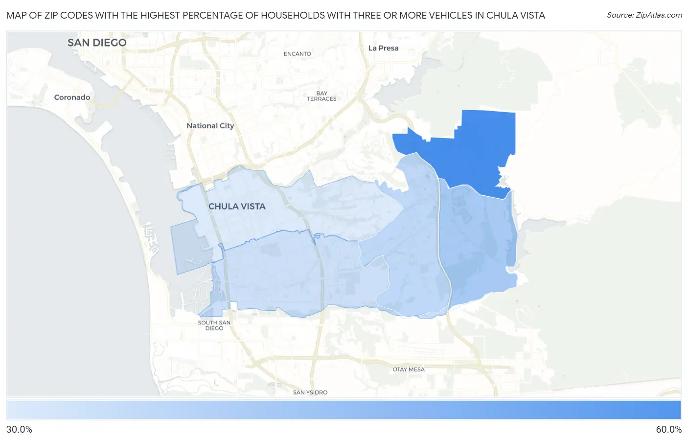 Zip Codes with the Highest Percentage of Households With Three or more Vehicles in Chula Vista Map