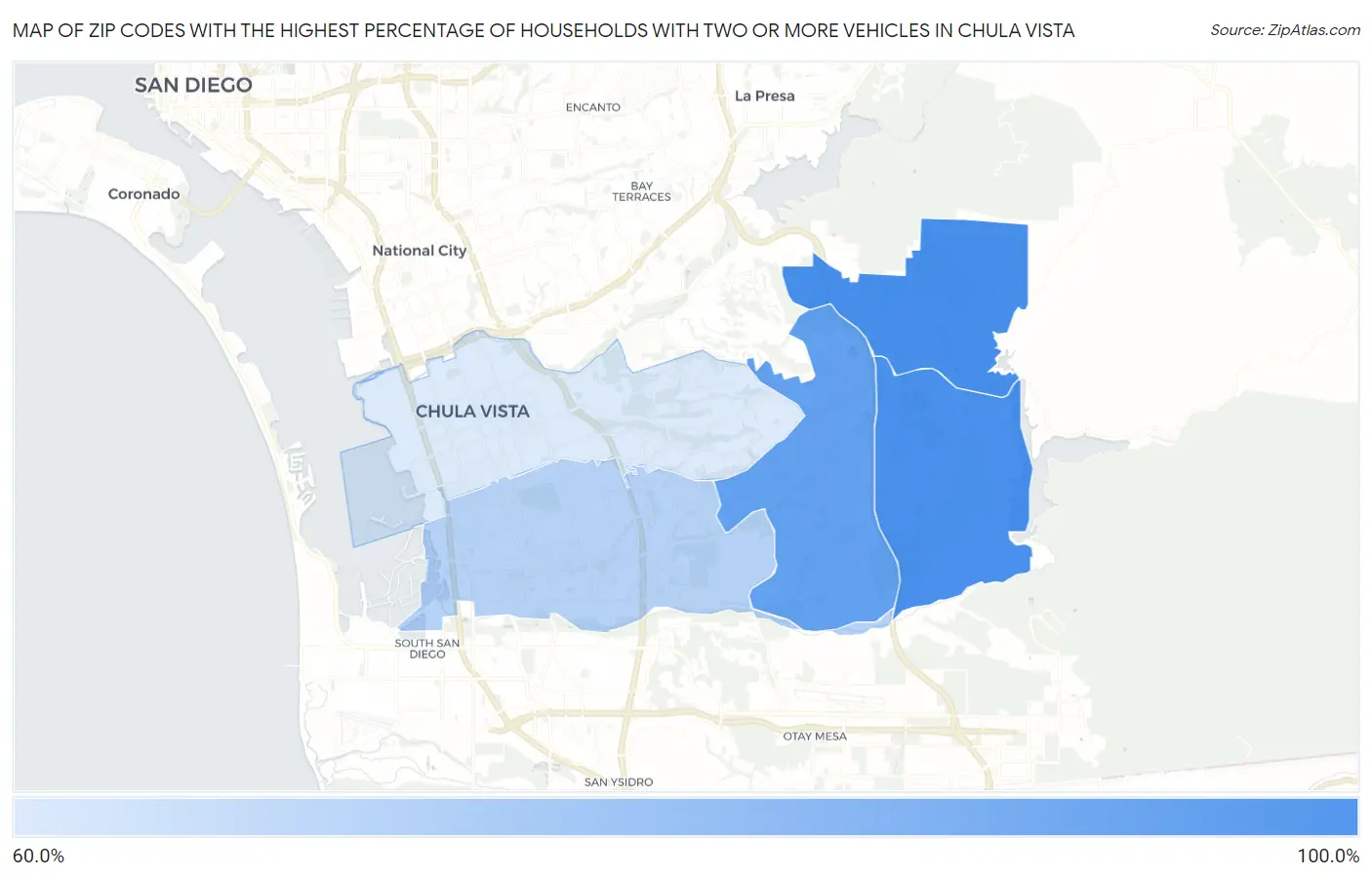 Zip Codes with the Highest Percentage of Households With Two or more Vehicles in Chula Vista Map