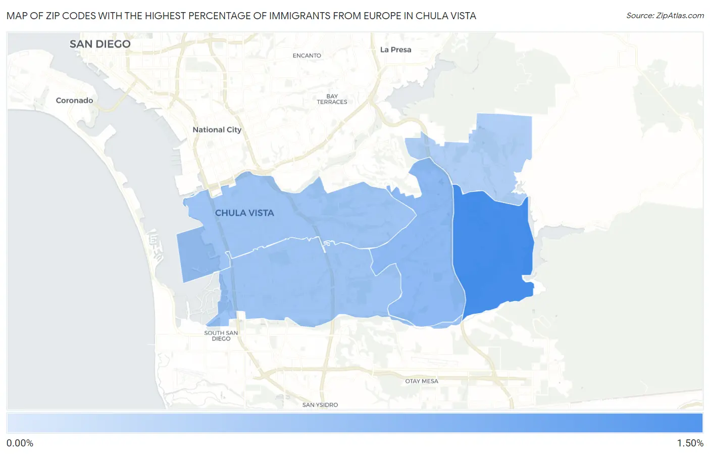 Zip Codes with the Highest Percentage of Immigrants from Europe in Chula Vista Map