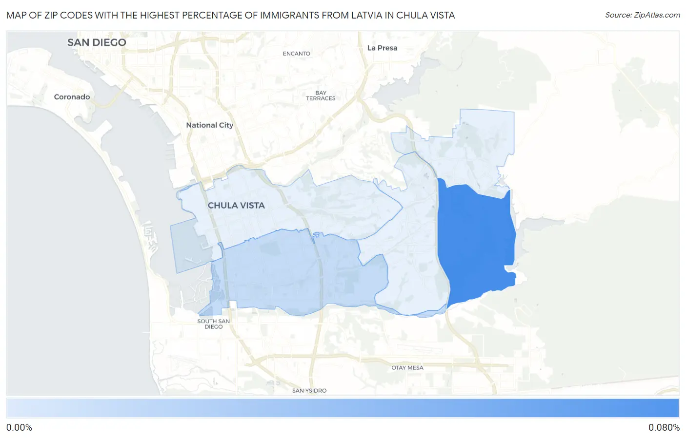 Zip Codes with the Highest Percentage of Immigrants from Latvia in Chula Vista Map