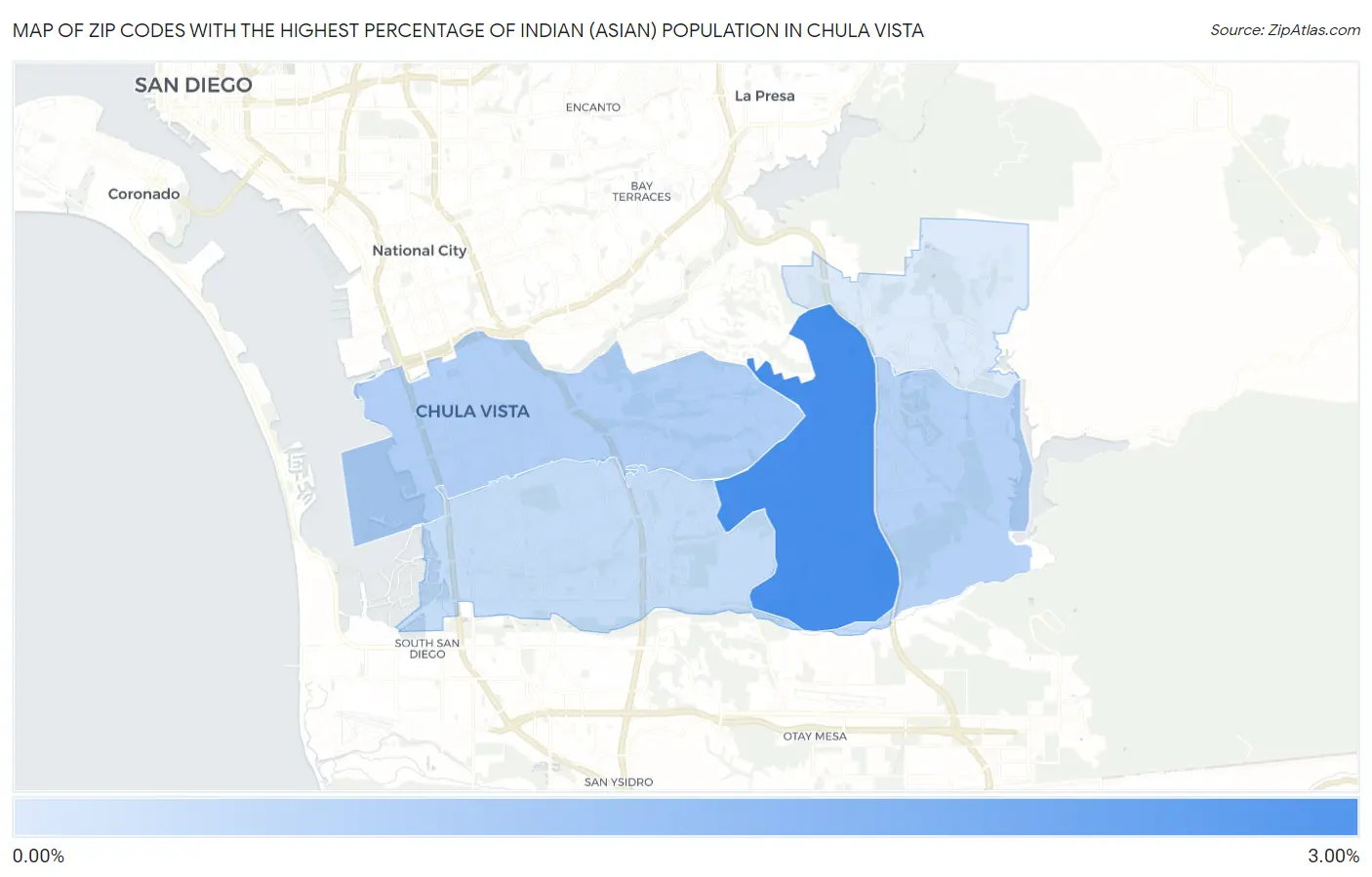 Zip Codes with the Highest Percentage of Indian (Asian) Population in Chula Vista Map